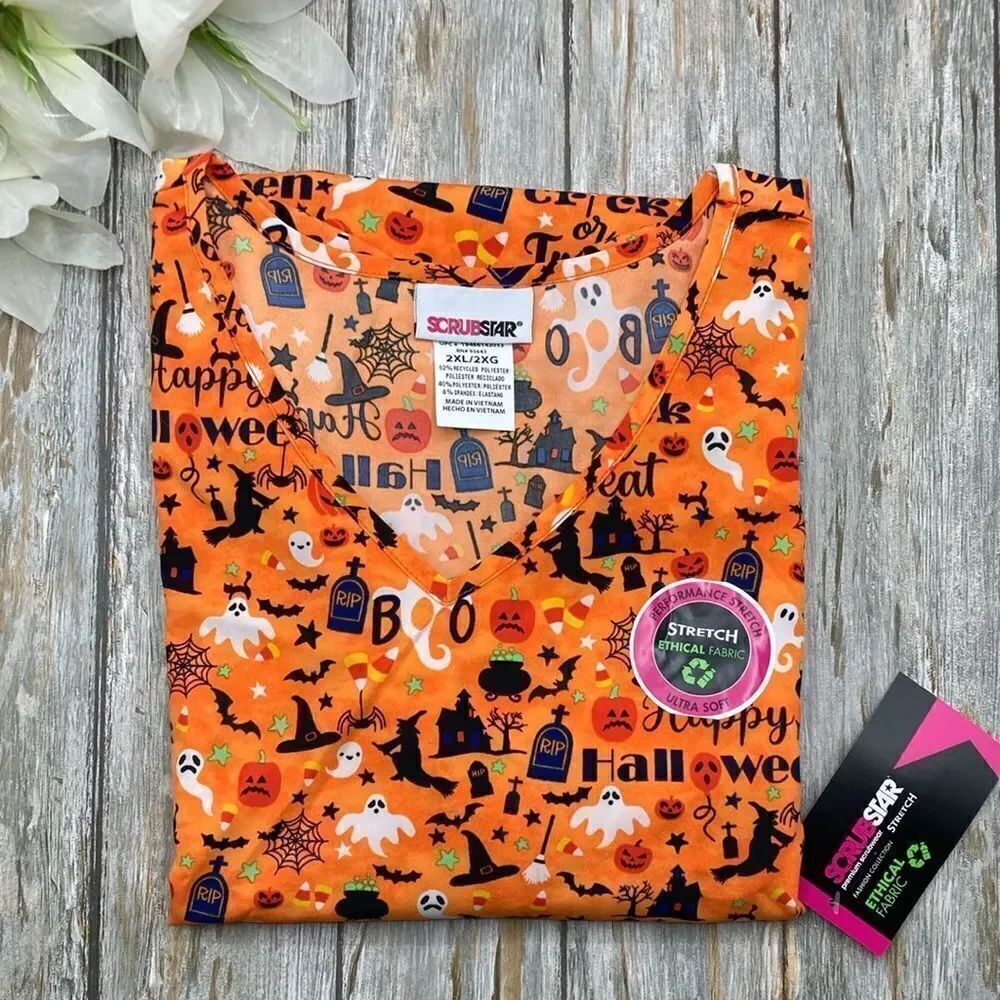 Women's Plus "Pumpkin Palooza" V-Neck Print Scrub Short Sleeve Top Shirt Size 2X